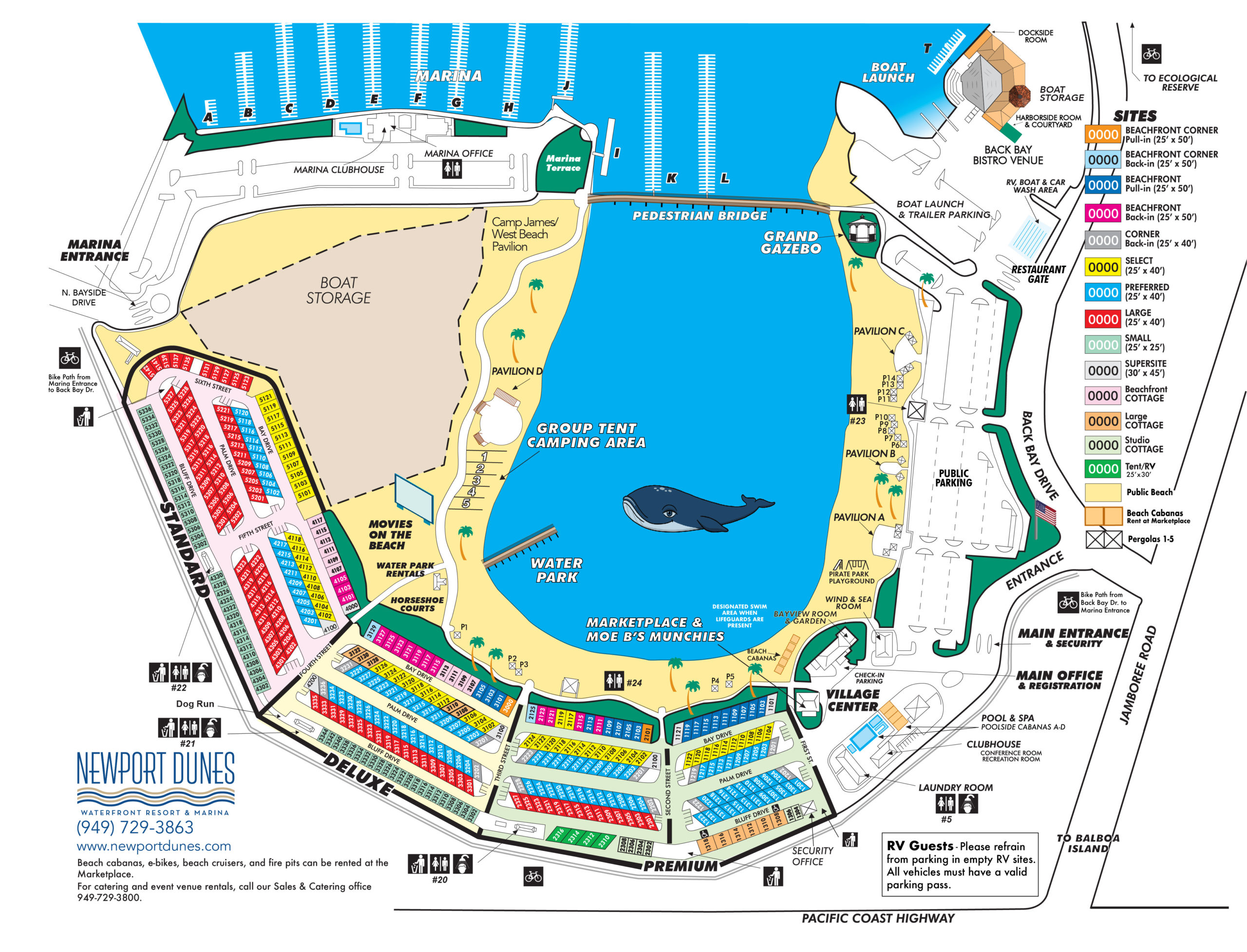 map of campsites and cottages for Newport Dunes Resort