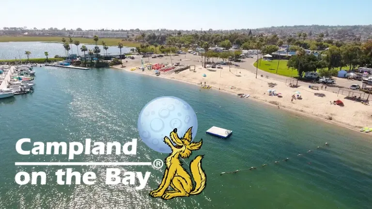 aerial view of public beach at Campland on the Bay with logo