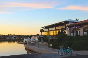 exterior of the back bay bistro at sunset