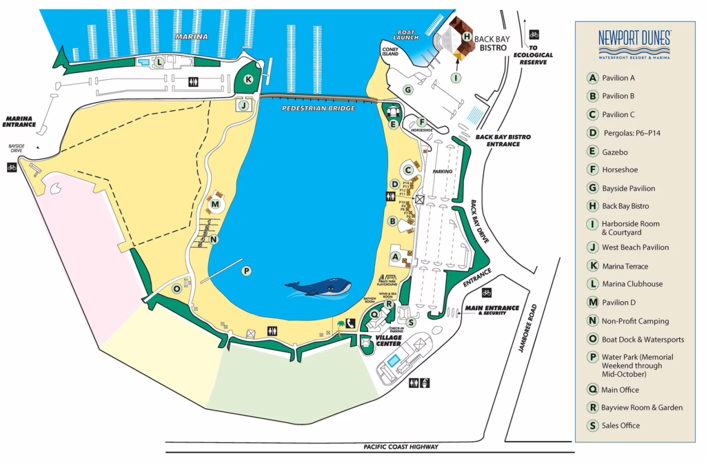Map showing the private event venue locations at Newport Dunes Waterfront Resort.