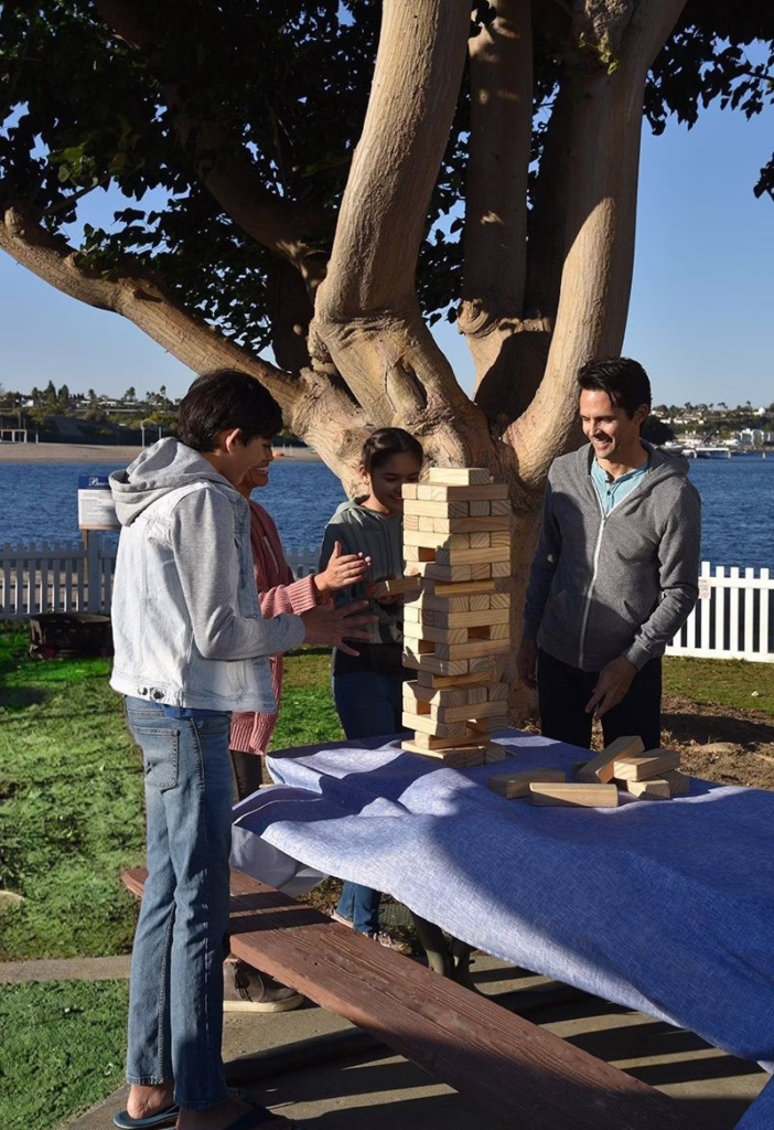 playing jenga at Newport Dunes campsite